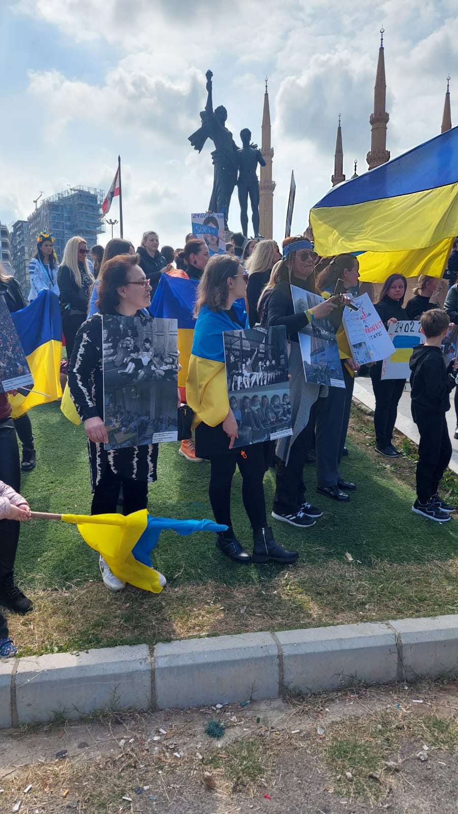 Ukrainian community in Lebanon protesting against the Russian invasion of Ukraine at Martyrs' Square in Beirut on February 24, 2023